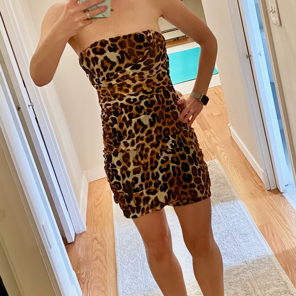 Express Leopard Print Strapless Mini Dress